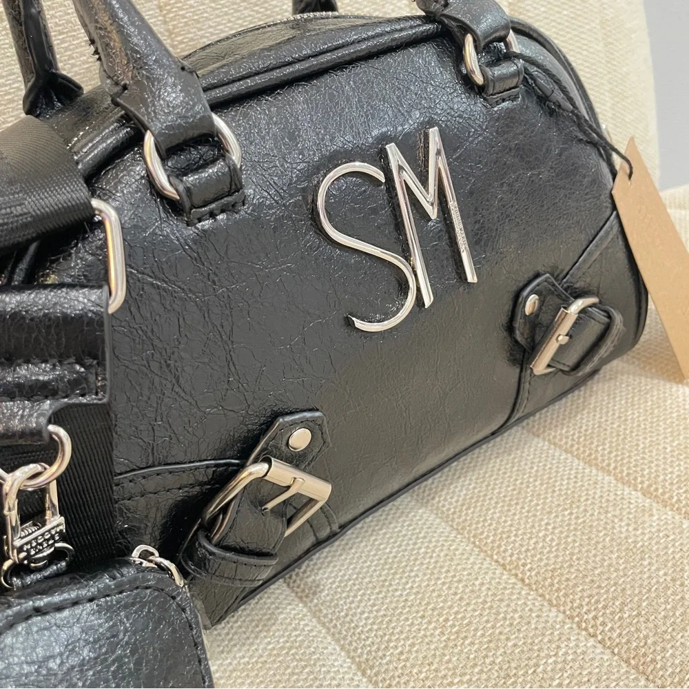 NEW Steve Madden‎ BSALON Black Crinkled Satchel Crossbody Bag with Pouch